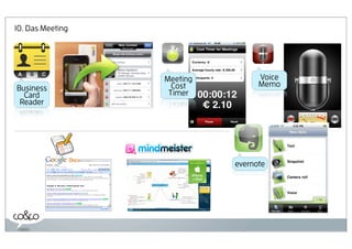 10. Das Meeting




                  Meeting         Voice
Business            Cost          Memo
  Card             Timer
 Reader




                            evernote
 