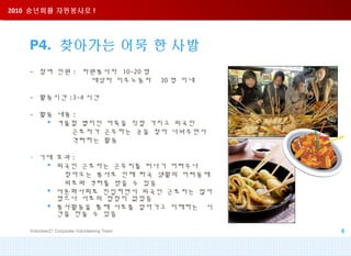 2010 송년회를 자원봉사로 !2010 송년회를 자원봉사로 !
Volunteer21 Corporate Volunteering Team 6
P4. 찾아가는 어묵 한 사발
- 참여 인원 : 자원봉사자 10-20 명
대상자 이주노동자 30 명 이내
- 활동시간 :3-4 시간
- 활동 내용 :
 겨울철 별미인 어묵을 직접 가지고 외국인
근로자가 근무하는 곳을 찾아 나눠주면서
격려하는 활동
- 기대 효과 :
 외국인 근로자는 근무지를 떠나기 어려우나
찾아오는 봉사로 인해 타국 생활의 어려움에
위로와 격려를 받을 수 있음
 다문화사회로 진입하면서 외국인 근로자는 많아
졌으나 서로의 접점이 없었음
 봉사활동을 통해 서로를 알아가고 이해하는 시
간을 만들 수 있음
 