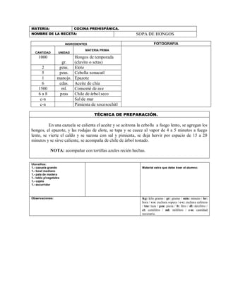 MATERIA:

COCINA PREHISPÁNICA.

NOMBRE DE LA RECETA:

SOPA DE HONGOS
FOTOGRAFIA

INGREDIENTES
CANTIDAD

1000

UNIDAD

MATERIA PRIMA

Hongos de temporada
gr.
(clavito o setas)
pzas. Elote
pzas. Cebolla xonacatl
manojo. Epazote
cdas. Aceite de chía
ml.
Consomé de ave
pzas Chile de árbol seco
Sal de mar
Pimienta de xocoxochitl

2
5
1
6
1500
6a8
c-n
c-n

TÉCNICA DE PREPARACIÓN.

En una cazuela se calienta el aceite y se acitrona la cebolla a fuego lento, se agregan los
hongos, el epazote, y las rodajas de elote, se tapa y se cuece al vapor de 4 a 5 minutos a fuego
lento, se vierte el caldo y se sazona con sal y pimienta, se deja hervir por espacio de 15 a 20
minutos y se sirve caliente, se acompaña de chile de árbol tostado.
NOTA: acompañar con tortillas azules recién hechas.
Utensilios:
1.- cazuela grande
1.- bowl mediano
1.- pala de madera
1.- tabla p/vegetales
1.- cajete
1.- escurridor

Observaciones:

Material extra que debe traer el alumno:

Kg: kilo gramo / gr: gramo / min: minuto / hr:
hora / c-s: cuchara sopera / c-c: cuchara cafetera
/ tza: taza / pza: pieza / lt: litro / dl: decilitro /
cl: centilitro / ml: mililitro / c-n: cantidad
necesaria.

 