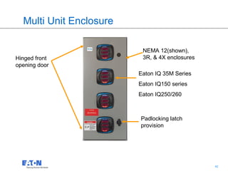 Multi Unit Enclosure

                          NEMA 12(shown),
Hinged front              3R, & 4X enclosures
opening door
                         Eaton IQ 35M Series
                         Eaton IQ150 series
                         Eaton IQ250/260



                         Padlocking latch
                         provision




                                     42         42
 