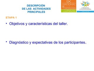 DESCRIPCIÓN
DE LAS ACTIVIDADES
PRINCIPALES
ETAPA 1
• Objetivos y características del taller.
• Diagnóstico y expectativas de los participantes.
 