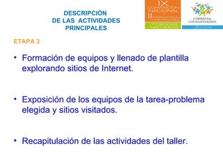 DESCRIPCIÓN
DE LAS ACTIVIDADES
PRINCIPALES
ETAPA 3
• Formación de equipos y llenado de plantilla
explorando sitios de Internet.
• Exposición de los equipos de la tarea-problema
elegida y sitios visitados.
• Recapitulación de las actividades del taller.
 