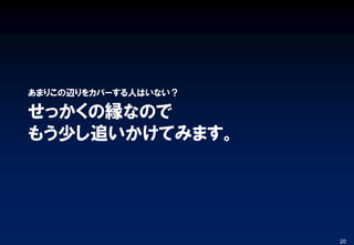 せっかくの縁なので
もう少し追いかけてみます。
あまりこの辺りをカバーする人はいない？
20
 