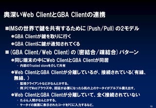 奥深いWeb ClientとGBA Clientの連携
IMSの世界で鍵を共有するために(Push/Pull)の2モデル
GBA Clientが鍵を取りに行く
GBA Clientに鍵が通知されてくる
(GBA Client/Web C...