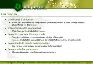Actulligence Consulting © – F. Martinet – HEG Genève – Novembre 2010 – Web, Veille et Influence
Les raisons
► La difficulté à s’informer :
• Facile de s’informer ou de comparer des produits techniques sur des critères objectifs,
plus difficiles sur des voyages
► L’accessibilité des informations :
• Plus d’avis sur les produits techniques
► Les enjeux sociaux liés au produits :
• Tous les produits de communication en général (rôle social)
• Tous les produits liés au déplacement car impact fort sur l’activité professionnelle
► Les produits de grande consommation :
• Car nombre importants de consommateur (effet quantitatif)
► Les produits d’appartenance :
• Marques bénéficiant d’un fort esprit communautaire
Page 23
 