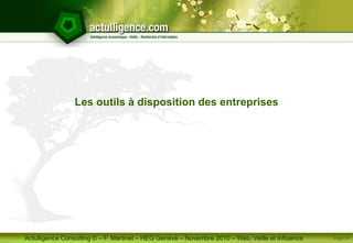Actulligence Consulting © – F. Martinet – HEG Genève – Novembre 2010 – Web, Veille et Influence Page 24
Les outils à disposition des entreprises
 