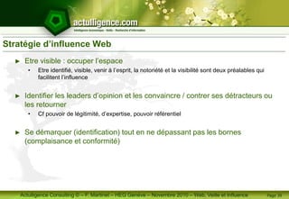 Actulligence Consulting © – F. Martinet – HEG Genève – Novembre 2010 – Web, Veille et Influence
Stratégie d’influence Web
► Etre visible : occuper l’espace
• Etre identifié, visible, venir à l’esprit, la notoriété et la visibilité sont deux préalables qui
facilitent l’influence
► Identifier les leaders d’opinion et les convaincre / contrer ses détracteurs ou
les retourner
• Cf pouvoir de légitimité, d’expertise, pouvoir référentiel
► Se démarquer (identification) tout en ne dépassant pas les bornes
(complaisance et conformité)
Page 39
 