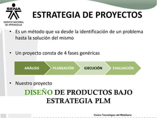 ESTRATEGIA DE PROYECTOS
• Es un método que va desde la identificación de un problema
hasta la solución del mismo
• Un proyecto consta de 4 fases genéricas
• Nuestro proyecto
DISEÑO DE PRODUCTOS BAJO
ESTRATEGIA PLM
ANÁLISIS PLANEACIÓN EJECUCIÓN EVALUACIÓN
 