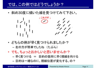 Presented by Akisato Kimura信号処理シンポジウム レビュー講演 2010.11.25 Page 11
では、この例ではどうでしょうか？
• 斜め30度に傾いた線を見つけてみて下さい。
• どちらの例が早く見つけられましたか？
– 左の方が簡単でしたね （たぶん）
• でも、ちょっとおかしいと思いませんか？
– 早く見つける ＝ 目的の箇所に早く視線を向ける
– 目的は一緒なのに、視線位置が変化する、の？
↓ これです ↓
 
