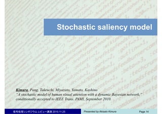 Presented by Akisato Kimura信号処理シンポジウム レビュー講演 2010.11.25 Page 14
Stochastic saliency model
Kimura, Pang, Takeuchi, Miyazato, Yamato, Kashino
“A stochastic model of human visual attention with a dynamic Bayesian network,”
conditionally accepted to IEEE Trans. PAMI, September 2010.
 