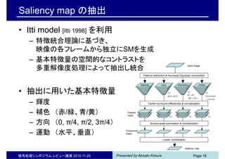 Presented by Akisato Kimura信号処理シンポジウム レビュー講演 2010.11.25 Page 18
Saliency map の抽出
• Itti model [Itti 1998] を利用
– 特徴統合理論に基づき、
映像の各フレームから独立にSMを生成
– 基本特徴量の空間的なコントラストを
多重解像度処理によって抽出し統合
• 抽出に用いた基本特徴量
– 輝度
– 補色 （赤/緑、青/黄）
– 方向 （0, π/4, π/2, 3π/4）
– 運動 （水平、垂直）
intensity color orientation motion
Feature extraction & recursive Gaussian convolution
Center-surround differences & normalization
Across-scale summation & normalization
Linear combination
Feature
maps
Conspicuity
maps
Input image
Saliency map
 