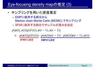 Presented by Akisato Kimura信号処理シンポジウム レビュー講演 2010.11.25 Page 24
Eye-focusing density mapの推定 (3)
• サンプリングを用いた密度推定
– EMPに依存する部分から
Markov chain Monte Carlo (MCMC) でサンプリング
– SFMに依存する部分でサンプルの重みを決定
SFMから決定 EMPから決定
 