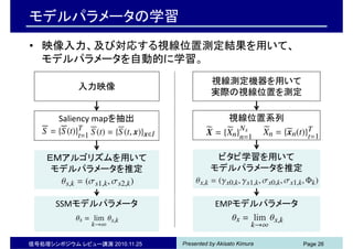 Presented by Akisato Kimura信号処理シンポジウム レビュー講演 2010.11.25 Page 26
モデルパラメータの学習
• 映像入力、及び対応する視線位置測定結果を用いて、
モデルパラメータを自動的に学習。
EMPモデルパラメータEMPモデルパラメータSSMモデルパラメータSSMモデルパラメータ
入力映像
ＥＭアルゴリズムを用いて
モデルパラメータを推定
ＥＭアルゴリズムを用いて
モデルパラメータを推定
ビタビ学習を用いて
モデルパラメータを推定
ビタビ学習を用いて
モデルパラメータを推定
視線位置系列
視線測定機器を用いて
実際の視線位置を測定
Saliency mapを抽出
 