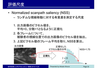 Presented by Akisato Kimura信号処理シンポジウム レビュー講演 2010.11.25 Page 32
評価尺度
• Normalized scanpath saliency (NSS)
– ランダムな視線移動に対する有意差を測定する尺度
1. 出力画像のピクセル値を、
平均=0、分散=1となるように正規化
2. 各フレームについて、
被験者の視線位置での出力画像のピクセル値を抽出。
3. 上記ピクセル値のフレーム平均を取り、NSSを算出。
NSS=1.75
正規化した
ピクセル値の分布
出力画像
正規化
 