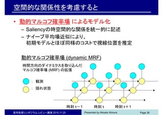 Presented by Akisato Kimura信号処理シンポジウム レビュー講演 2010.11.25 Page 36
空間的な関係性を考慮すると
• 動的マルコフ確率場 によるモデル化
– Saliencyの時空間的な関係を統一的に記述
– ナイーブ平均場近似により、
初期モデルとほぼ同様のコストで視線位置を推定
動的マルコフ確率場 (dynamic MRF)
時間方向のダイナミクスを取り込んだ
マルコフ確率場 (MRF) の拡張
： 観測
： 隠れ状態
時刻 ｔ時刻 ｔ－１ 時刻 ｔ＋１
 