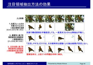 Presented by Akisato Kimura
注目領域抽出方法の効果
信号処理シンポジウム レビュー講演 2010.11.25 Page 44
入力映像
1. 先頭フレームのみ
手動でラベル付け
＋抽出領域の追跡
（[Kohli 2007] 等に対応）
2. 顕著性に基づき
事前確率を自動設定
＋領域追跡なし
（[Fu 2008] 等に対応）
3. 注目位置に基づき
事前確率を自動設定
＋事前確率を逐次更新
（提案技術）
先頭で構成要素を手動設定しても、一度見失うとそれ以降抽出不能に。
「注目しやすさ」だけでは、その確率的な変動により抽出結果が安定しない。
提案技術は、上記２つの問題を同時に解決。
 
