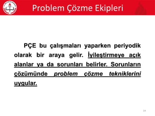 PÇE bu çalışmaları yaparken periyodik
olarak bir araya gelir. İyileştirmeye açık
alanlar ya da sorunları belirler. Sorunların
çözümünde problem çözme tekniklerini
uygular.
Problem Çözme Ekipleri
14
 