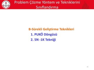 B-Sürekli Geliştirme Teknikleri
1. PUKÖ Döngüsü
2. 5N -1K Tekniği
31
Problem Çözme Yöntem ve Tekniklerini
Sınıflandırma
 