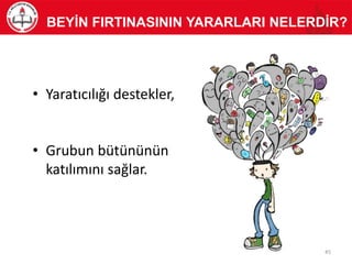 • Yaratıcılığı destekler,
• Grubun bütününün
katılımını sağlar.
BEYİN FIRTINASININ YARARLARI NELERDİR?
45
 