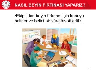 •Ekip lideri beyin fırtınası için konuyu
belirler ve belirli bir süre tespit edilir.
NASIL BEYİN FIRTINASI YAPARIZ?
47
 