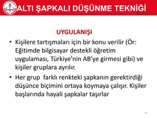 UYGULANIŞI
• Kişilere tartışmaları için bir konu verilir (Ör:
Eğitimde bilgisayar destekli öğretim
uygulaması, Türkiye’nin AB’ye girmesi gibi) ve
kişiler gruplara ayrılır.
• Her grup farklı renkteki şapkanın gerektirdiği
düşünce biçimini ortaya koymaya çalışır. Kişiler
başlarında hayali şapkalar taşırlar
ALTI ŞAPKALI DÜŞÜNME TEKNİĞİ
61
 