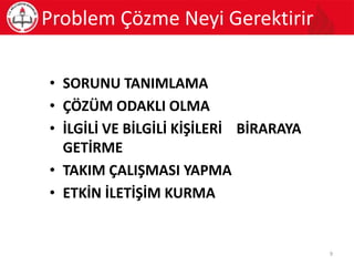 • SORUNU TANIMLAMA
• ÇÖZÜM ODAKLI OLMA
• İLGİLİ VE BİLGİLİ KİŞİLERİ BİRARAYA
GETİRME
• TAKIM ÇALIŞMASI YAPMA
• ETKİN İLETİŞİM KURMA
Problem Çözme Neyi Gerektirir
9
 