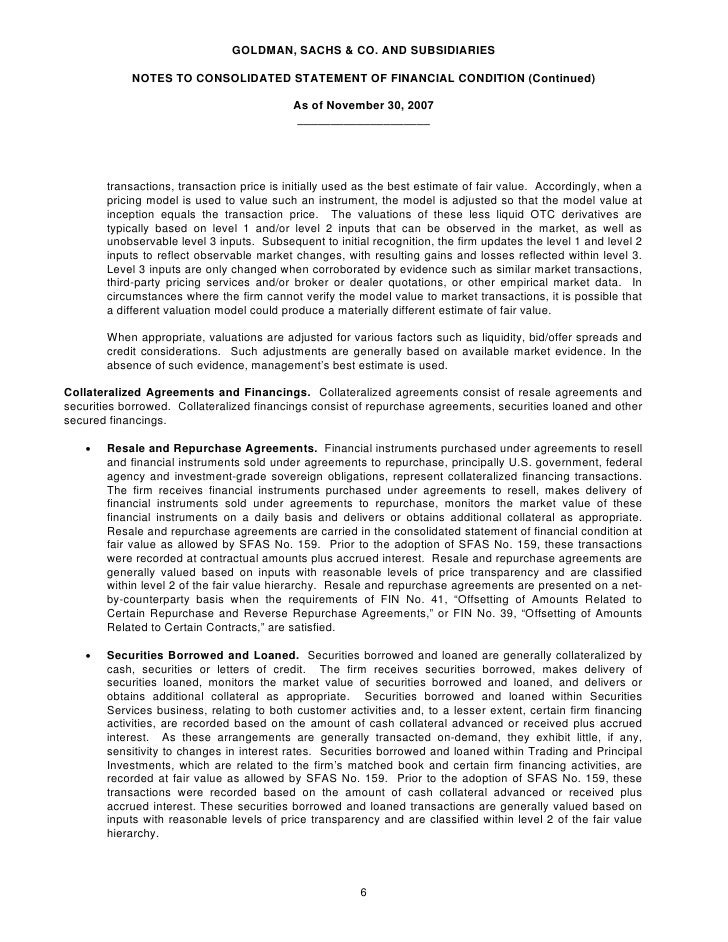 goldman sachs Consolidated Statement of Financial Condition