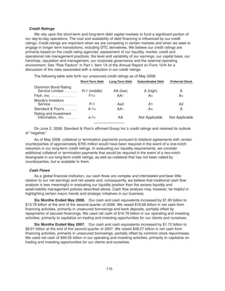 Credit Ratings
We rely upon the short-term and long-term debt capital markets to fund a significant portion of
our day-to-day operations. The cost and availability of debt financing is influenced by our credit
ratings. Credit ratings are important when we are competing in certain markets and when we seek to
engage in longer term transactions, including OTC derivatives. We believe our credit ratings are
primarily based on the credit rating agencies’ assessment of our liquidity, market, credit and
operational risk management practices, the level and variability of our earnings, our capital base, our
franchise, reputation and management, our corporate governance and the external operating
environment. See “Risk Factors” in Part I, Item 1A of the Annual Report on Form 10-K for a
discussion of the risks associated with a reduction in our credit ratings.
The following table sets forth our unsecured credit ratings as of May 2008:
Short-Term Debt Long-Term Debt Subordinated Debt Preferred Stock
Dominion Bond Rating
Service Limited . . . . . . R-1 (middle) AA (low) A (high) A
Fitch, Inc. . . . . . . . . . . . . F1+ AA– A+ A+
Moody’s Investors
Service . . . . . . . . . . . . P-1 Aa3 A1 A2
Standard & Poor’s . . . . . . A-1+ AA– A+ A
Rating and Investment
Information, Inc. . . . . . a-1+ AA Not Applicable Not Applicable
On June 2, 2008, Standard & Poor’s affirmed Group Inc.’s credit ratings and retained its outlook
of “negative.”
As of May 2008, collateral or termination payments pursuant to bilateral agreements with certain
counterparties of approximately $785 million would have been required in the event of a one-notch
reduction in our long-term credit ratings. In evaluating our liquidity requirements, we consider
additional collateral or termination payments that would be required in the event of a two-notch
downgrade in our long-term credit ratings, as well as collateral that has not been called by
counterparties, but is available to them.
Cash Flows
As a global financial institution, our cash flows are complex and interrelated and bear little
relation to our net earnings and net assets and, consequently, we believe that traditional cash flow
analysis is less meaningful in evaluating our liquidity position than the excess liquidity and
asset-liability management policies described above. Cash flow analysis may, however, be helpful in
highlighting certain macro trends and strategic initiatives in our business.
Six Months Ended May 2008. Our cash and cash equivalents increased by $1.90 billion to
$13.78 billion at the end of the second quarter of 2008. We raised $18.68 billion in net cash from
financing activities, primarily in unsecured borrowings and bank deposits, partially offset by
repayments of secured financings. We used net cash of $16.78 billion in our operating and investing
activities, primarily to capitalize on trading and investing opportunities for our clients and ourselves.
Six Months Ended May 2007. Our cash and cash equivalents increased by $1.72 billion to
$8.01 billion at the end of the second quarter of 2007. We raised $48.27 billion in net cash from
financing activities, primarily in unsecured borrowings, partially offset by common stock repurchases.
We used net cash of $46.55 billion in our operating and investing activities, primarily to capitalize on
trading and investing opportunities for our clients and ourselves.
115
 