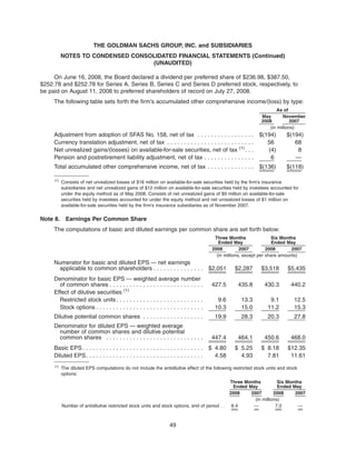 On June 16, 2008, the Board declared a dividend per preferred share of $236.98, $387.50,
$252.78 and $252.78 for Series A, Series B, Series C and Series D preferred stock, respectively, to
be paid on August 11, 2008 to preferred shareholders of record on July 27, 2008.
The following table sets forth the firm’s accumulated other comprehensive income/(loss) by type:
May
2008
November
2007
As of
(in millions)
Adjustment from adoption of SFAS No. 158, net of tax . . . . . . . . . . . . . . . . . $(194) $(194)
Currency translation adjustment, net of tax . . . . . . . . . . . . . . . . . . . . . . . . . . 56 68
Net unrealized gains/(losses) on available-for-sale securities, net of tax (1)
. . . (4) 8
Pension and postretirement liability adjustment, net of tax . . . . . . . . . . . . . . . 6 —
Total accumulated other comprehensive income, net of tax . . . . . . . . . . . . . . $(136) $(118)
(1)
Consists of net unrealized losses of $16 million on available-for-sale securities held by the firm’s insurance
subsidiaries and net unrealized gains of $12 million on available-for-sale securities held by investees accounted for
under the equity method as of May 2008. Consists of net unrealized gains of $9 million on available-for-sale
securities held by investees accounted for under the equity method and net unrealized losses of $1 million on
available-for-sale securities held by the firm’s insurance subsidiaries as of November 2007.
Note 8. Earnings Per Common Share
The computations of basic and diluted earnings per common share are set forth below:
2008 2007 2008 2007
Three Months
Ended May
Six Months
Ended May
(in millions, except per share amounts)
Numerator for basic and diluted EPS — net earnings
applicable to common shareholders . . . . . . . . . . . . . . . $2,051 $2,287 $3,518 $5,435
Denominator for basic EPS — weighted average number
of common shares . . . . . . . . . . . . . . . . . . . . . . . . . . . . 427.5 435.8 430.3 440.2
Effect of dilutive securities (1)
Restricted stock units. . . . . . . . . . . . . . . . . . . . . . . . . . 9.6 13.3 9.1 12.5
Stock options . . . . . . . . . . . . . . . . . . . . . . . . . . . . . . . . 10.3 15.0 11.2 15.3
Dilutive potential common shares . . . . . . . . . . . . . . . . . . 19.9 28.3 20.3 27.8
Denominator for diluted EPS — weighted average
number of common shares and dilutive potential
common shares . . . . . . . . . . . . . . . . . . . . . . . . . . . . . 447.4 464.1 450.6 468.0
Basic EPS. . . . . . . . . . . . . . . . . . . . . . . . . . . . . . . . . . . . $ 4.80 $ 5.25 $ 8.18 $12.35
Diluted EPS. . . . . . . . . . . . . . . . . . . . . . . . . . . . . . . . . . . 4.58 4.93 7.81 11.61
(1)
The diluted EPS computations do not include the antidilutive effect of the following restricted stock units and stock
options:
2008 2007 2008 2007
Three Months
Ended May
Six Months
Ended May
(in millions)
Number of antidilutive restricted stock units and stock options, end of period . . 6.4 — 7.0 —
49
THE GOLDMAN SACHS GROUP, INC. and SUBSIDIARIES
NOTES TO CONDENSED CONSOLIDATED FINANCIAL STATEMENTS (Continued)
(UNAUDITED)
 