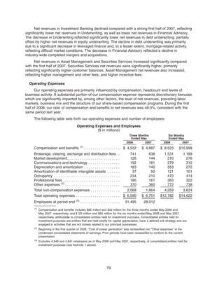 Net revenues in Investment Banking declined compared with a strong first half of 2007, reflecting
significantly lower net revenues in Underwriting, as well as lower net revenues in Financial Advisory.
The decrease in Underwriting reflected significantly lower net revenues in debt underwriting, partially
offset by higher net revenues in equity underwriting. The decline in debt underwriting was primarily
due to a significant decrease in leveraged finance and, to a lesser extent, mortgage-related activity,
reflecting difficult market conditions. The decrease in Financial Advisory reflected a decline in
industry-wide completed mergers and acquisitions.
Net revenues in Asset Management and Securities Services increased significantly compared
with the first half of 2007. Securities Services net revenues were significantly higher, primarily
reflecting significantly higher customer balances. Asset Management net revenues also increased,
reflecting higher management and other fees, and higher incentive fees.
Operating Expenses
Our operating expenses are primarily influenced by compensation, headcount and levels of
business activity. A substantial portion of our compensation expense represents discretionary bonuses
which are significantly impacted by, among other factors, the level of net revenues, prevailing labor
markets, business mix and the structure of our share-based compensation programs. During the first
half of 2008, our ratio of compensation and benefits to net revenues was 48.0%, consistent with the
same period last year.
The following table sets forth our operating expenses and number of employees:
Operating Expenses and Employees
($ in millions)
2008 2007 2008 2007
Three Months
Ended May
Six Months
Ended May
Compensation and benefits (1)
. . . . . . . . . . . . . . . . . $ 4,522 $ 4,887 $ 8,523 $10,998
Brokerage, clearing, exchange and distribution fees. . 741 638 1,531 1,189
Market development. . . . . . . . . . . . . . . . . . . . . . . . . 126 144 270 276
Communications and technology . . . . . . . . . . . . . . . 192 161 379 312
Depreciation and amortization . . . . . . . . . . . . . . . . . 183 140 353 272
Amortization of identifiable intangible assets . . . . . . 37 50 121 101
Occupancy . . . . . . . . . . . . . . . . . . . . . . . . . . . . . . . 234 210 470 414
Professional fees . . . . . . . . . . . . . . . . . . . . . . . . . . . 185 161 363 322
Other expenses (2)
. . . . . . . . . . . . . . . . . . . . . . . . . . 370 360 772 738
Total non-compensation expenses . . . . . . . . . . . . . . 2,068 1,864 4,259 3,624
Total operating expenses . . . . . . . . . . . . . . . . . . . . . $ 6,590 $ 6,751 $12,782 $14,622
Employees at period end (3)
. . . . . . . . . . . . . . . . . . . 31,495 28,012
(1)
Compensation and benefits includes $66 million and $50 million for the three months ended May 2008 and
May 2007, respectively, and $129 million and $85 million for the six months ended May 2008 and May 2007,
respectively, attributable to consolidated entities held for investment purposes. Consolidated entities held for
investment purposes are entities that are held strictly for capital appreciation, have a defined exit strategy and are
engaged in activities that are not closely related to our principal businesses.
(2)
Beginning in the first quarter of 2008, “Cost of power generation” was reclassified into “Other expenses” in the
condensed consolidated statements of earnings. Prior periods have been reclassified to conform to the current
presentation.
(3)
Excludes 4,948 and 4,841 employees as of May 2008 and May 2007, respectively, of consolidated entities held for
investment purposes (see footnote 1 above).
79
 