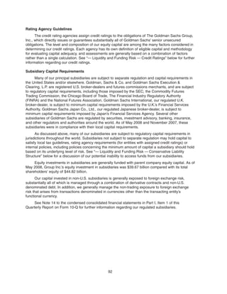Rating Agency Guidelines
The credit rating agencies assign credit ratings to the obligations of The Goldman Sachs Group,
Inc., which directly issues or guarantees substantially all of Goldman Sachs’ senior unsecured
obligations. The level and composition of our equity capital are among the many factors considered in
determining our credit ratings. Each agency has its own definition of eligible capital and methodology
for evaluating capital adequacy, and assessments are generally based on a combination of factors
rather than a single calculation. See “— Liquidity and Funding Risk — Credit Ratings” below for further
information regarding our credit ratings.
Subsidiary Capital Requirements
Many of our principal subsidiaries are subject to separate regulation and capital requirements in
the United States and/or elsewhere. Goldman, Sachs & Co. and Goldman Sachs Execution &
Clearing, L.P. are registered U.S. broker-dealers and futures commissions merchants, and are subject
to regulatory capital requirements, including those imposed by the SEC, the Commodity Futures
Trading Commission, the Chicago Board of Trade, The Financial Industry Regulatory Authority
(FINRA) and the National Futures Association. Goldman Sachs International, our regulated U.K.
broker-dealer, is subject to minimum capital requirements imposed by the U.K.’s Financial Services
Authority. Goldman Sachs Japan Co., Ltd., our regulated Japanese broker-dealer, is subject to
minimum capital requirements imposed by Japan’s Financial Services Agency. Several other
subsidiaries of Goldman Sachs are regulated by securities, investment advisory, banking, insurance,
and other regulators and authorities around the world. As of May 2008 and November 2007, these
subsidiaries were in compliance with their local capital requirements.
As discussed above, many of our subsidiaries are subject to regulatory capital requirements in
jurisdictions throughout the world. Subsidiaries not subject to separate regulation may hold capital to
satisfy local tax guidelines, rating agency requirements (for entities with assigned credit ratings) or
internal policies, including policies concerning the minimum amount of capital a subsidiary should hold
based on its underlying level of risk. See “— Liquidity and Funding Risk — Conservative Liability
Structure” below for a discussion of our potential inability to access funds from our subsidiaries.
Equity investments in subsidiaries are generally funded with parent company equity capital. As of
May 2008, Group Inc.’s equity investment in subsidiaries was $39.67 billion compared with its total
shareholders’ equity of $44.82 billion.
Our capital invested in non-U.S. subsidiaries is generally exposed to foreign exchange risk,
substantially all of which is managed through a combination of derivative contracts and non-U.S.
denominated debt. In addition, we generally manage the non-trading exposure to foreign exchange
risk that arises from transactions denominated in currencies other than the transacting entity’s
functional currency.
See Note 14 to the condensed consolidated financial statements in Part I, Item 1 of this
Quarterly Report on Form 10-Q for further information regarding our regulated subsidiaries.
92
 