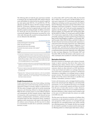 Notes to Consolidated Financial Statements
As of November 2007 and November 2006, the firm held
$45.75 billion (4% of total assets) and $46.20 billion (6% of
total assets), respectively, of U.S. government and federal agency
obligations (including securities guaranteed by the Federal
National Mortgage Association and the Federal Home Loan
Mortgage Corporation) included in “Financial instruments
owned, at fair value” and “Cash and securities segregated for
regulatory and other purposes” in the consolidated statements of
financial condition. As of November 2007 and November 2006,
the firm held $31.65 billion (3% of total assets) and $23.64 billion
(3% of total assets), respectively, of other sovereign obligations,
principally consisting of securities issued by the governments of
Japan and the United Kingdom. In addition, as of November 2007
and November 2006, $144.92 billion and $104.76 billion of
the firm’s financial instruments purchased under agreements to
resell and securities borrowed, respectively, were collateralized
by U.S. government and federal agency obligations. As of
November 2007 and 2006, $41.26 billion and $38.22 billion
of the firm’s financial instruments purchased under agreements
to resell and securities borrowed, respectively, were collateralized
by other sovereign obligations. As of November 2007 and
November 2006, the firm did not have credit exposure to any
other counterparty that exceeded 2% of the firm’s total assets.
Derivative Activities
Derivative contracts are instruments, such as futures, forwards,
swaps or option contracts, that derive their value from
underlying assets, indices, reference rates or a combination of
these factors. Derivative instruments may be privately negotiated
contracts, which are often referred to as OTC derivatives,
or they may be listed and traded on an exchange. Derivatives
may involve future commitments to purchase or sell financial
instruments or commodities, or to exchange currency or interest
payment streams. The amounts exchanged are based on the
specific terms of the contract with reference to specified rates,
securities, commodities, currencies or indices.
Certain cash instruments, such as mortgage-backed securities,
interest-only and principal-only obligations, and indexed debt
instruments, are not considered derivatives even though
their values or contractually required cash flows are derived
from the price of some other security or index. However,
certain commodity-related contracts are included in the firm’s
derivatives disclosure, as these contracts may be settled in cash
or the assets to be delivered under the contract are readily
convertible into cash.
The firm enters into derivative transactions to facilitate client
transactions, to take proprietary positions and as a means of
risk management. Risk exposures are managed through
diversification, by controlling position sizes and by entering
into offsetting positions. For example, the firm may manage
the risk related to a portfolio of common stock by entering into
an offsetting position in a related equity-index futures contract.
The following table sets forth the gains and (losses) included
in earnings for the year ended November 2007 related to financial
assets and liabilities for which the firm has elected to apply the
fair value option under SFAS No. 155 and SFAS No. 159. The
table does not reflect the impact to the firm’s earnings of adopting
SFAS No. 159 because a significant amount of these gains and
losses would have also been recognized under previously issued
generally accepted accounting principles. In addition, instruments
for which the firm has elected the fair value option are
economically hedged with instruments accounted for at fair
value under other generally accepted accounting principles that
are not reflected in the table below.
(in millions)	 Year Ended November 2007
Unsecured long-term borrowings		 $(1,979)
Other secured financings (1)
		 1,896
Unsecured short-term borrowings		 (1,064)
Financial instruments owned, at fair value (2)
		 (43)
Other (3)
		 18
Total (4)
		 $(1,172)
(1)	Includes gains of $2.08 billion related to financings recorded as a result of certain
mortgage securitizations that are accounted for as secured financings rather than
sales under SFAS No. 140. Changes in the fair value of the secured financings are
equally offset by changes in the fair value of the related mortgage whole loans,
which are included within the firm’s “Financial instruments owned, at fair value”
in the consolidated statement of financial condition.
(2)	Consists of investments where the firm would otherwise have applied the equity
method of accounting as well as securities held in GS Bank USA (previously
accounted for as available-for-sale).
(3)	Consists of resale and repurchase agreements and securities borrowed and
loaned within Trading and Principal Investments and certificates of deposit issued
by GS Bank USA.
(4)	Reported within “Trading and principal investments” within the consolidated
statements of earnings. The amounts exclude contractual interest, which is
included in “Interest Income” and “Interest Expense,” for all instruments other
than hybrid financial instruments.
Credit Concentrations
Credit concentrations may arise from trading, investing,
underwriting and securities borrowing activities and may be
impacted by changes in economic, industry or political factors.
The firm seeks to mitigate credit risk by actively monitoring
exposures and obtaining collateral as deemed appropriate.
While the firm’s activities expose it to many different industries
and counterparties, the firm routinely executes a high volume
of transactions with counterparties in the financial services
industry, including brokers and dealers, commercial banks,
investment funds and other institutional clients, resulting in
significant credit concentration with respect to this industry. In
the ordinary course of business, the firm may also be subject
to a concentration of credit risk to a particular counterparty,
borrower or issuer.
103Goldman Sachs 2007 Annual Report
 