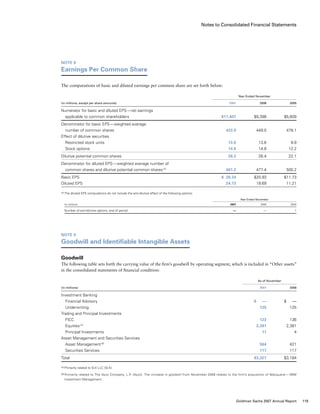 Notes to Consolidated Financial Statements
Note 8
Earnings Per Common Share
The computations of basic and diluted earnings per common share are set forth below:
	 Year Ended November
(in millions, except per share amounts)				 2007	 2006	 2005
Numerator for basic and diluted EPS — net earnings
  applicable to common shareholders				 $11,407	 $9,398	 $5,609
Denominator for basic EPS — weighted average
  number of common shares				 433.0	 449.0	 478.1
Effect of dilutive securities
  Restricted stock units				 13.6	 13.6	 9.9
  Stock options				 14.6	 14.8	 12.2
Dilutive potential common shares				 28.2	 28.4	 22.1
Denominator for diluted EPS — weighted average number of
  common shares and dilutive potential common shares (1)
			 461.2	 477.4	 500.2
Basic EPS				 $ 26.34	 $20.93	 $11.73
Diluted EPS				 24.73	 19.69	 11.21
(1)	The diluted EPS computations do not include the anti-dilutive effect of the following options:
	 Year Ended November
(in millions)				 2007	 2006	 2005
Number of anti-dilutive options, end of period				 —	 —	 1
Note 9
Goodwill and Identifiable Intangible Assets
Goodwill
The following table sets forth the carrying value of the firm’s goodwill by operating segment, which is included in “Other assets”
in the consolidated statements of financial condition:
	 As of November
(in millions)					 2007	 2006
Investment Banking
  Financial Advisory					 $    —	 $    —
  Underwriting					 125	 125
Trading and Principal Investments
  FICC					 123	 136
  Equities (1)
					 2,381	 2,381
  Principal Investments					 11	 4
Asset Management and Securities Services
  Asset Management (2)
					 564	 421
  Securities Services					 117	 117
Total					 $3,321	 $3,184
(1)	Primarily related to SLK LLC (SLK).
(2)	Primarily related to The Ayco Company, L.P. (Ayco). The increase in goodwill from November 2006 relates to the firm’s acquisition of Macquarie — IMM
Investment Management.
119Goldman Sachs 2007 Annual Report
 