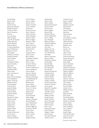 Board Members, Officers and Directors
Lisa M. Shalett
David G. Shell
Ralph J. Silva
David T. Simons
Johannes R. Sulzberger
Richard J. Sussman
Caroline H. Taylor
Peter K. Tomozawa
Eiji Ueda
Lucas van Praag
Ashok Varadhan
Casper W. Von Koskull
Gregg S. Weinstein
Scott R. Weinstein
Martin M. Werner
C. Howard Wietschner
Kurt D. Winkelmann
Wassim G. Younan
Brian Duggan
Nicholas G. Giordano
Donald W. Himpele
James H. Rogan
Gary J. Sveva
Christopher P. Sullivan
Ruud G. Hendriks
Harry Silver
William J. Young
Donald R. Mullen*
Alison J. Mass
James A. Jacobson, Jr.
Ben I. Adler
Ignacio Alvarez-Rendueles
Lori B. Appelbaum
Philip S. Armstrong
William J. Bannon
Scott B. Barringer
Steven M. Barry
Jordan M. Bender
Paul D. Bernard
George M. Brady
Joseph M. Busuttil
Jin Yong Cai
Valentino D. Carlotti
Eduardo Centola
James B. Clark
Linda S. Daines
Stephen Davies
Oral W. Dawe
Diego De Giorgi
Daniel L. Dees
Kenneth M. Eberts, III
Luca D. Ferrari
David A. Fishman
Alexander W. Fletcher
Abraham Shua
Jeffrey S. Sloan
John E. Smollen
Raymond B. Strong, III
Nicolas F. Tiffou
David H. Voon
John E. Waldron
Robert P. Wall
Michael W. Warren
David D. Wildermuth
Kevin L. Willens
Jon A. Woodruff
William M. Wicker
Edward R. Wilkinson
Timothy H. Moe
Akio Asuke
Matthew H. Cyzer
Phillip S. Hylander
Larry M. Kellerman
Gene Reilly
Hilary E. Ackermann
Jeffrey D. Adams
Elizabeth D. Anderson
Charles Baillie
Bernardo Bailo
Stacy Bash-Polley
Driss Ben-Brahim
Susan M. Benz
Johannes M. Boomaars
J. Theodore Borter
Timothy J. Bridges
David D. Buckley
Nicholas F. Burgin
Gerald J. Cardinale
Lik Shuen David Chan
Thomas V. Cholnoky
Colin Coleman
Kenneth W. Coquillette
Michael J. Crinieri
Craig W. Crossman
Jeffrey R. Currie
Stephen D. Daniel
Giorgio De Santis
Bradley S. DeFoor
Alvaro del Castano
Robert K. Ehudin
Kathy G. Elsesser
Peter C. Enns
Katherine B. Enquist
James P. Esposito
Douglas L. Feagin
Gail S. Fierstein
Pierre-Henri Flamand
Timothy T. Furey
Orit P. Freedman
Enrico S. Gaglioti
James R. Garvey
Gregg A. Gonsalves
Larry J. Goodwin
Stefan Green
David J. Grounsell
Mary L. Harmon
Valerie J. Harrison
Rumiko Hasegawa
Edward A. Hazel
Melina E. Higgins
Margaret J. Holen
Sean C. Hoover
Robert F. Incorvaia
Kenneth L. Josselyn
Toshinobu Kasai
Eric S. Lane
Gregg R. Lemkau
Ryan D. Limaye
Jill E. Lohrfink
Christopher J. Magarro
Allan S. Marson
Robert A. Mass
George N. Mattson
Ian R. McCormick
Gerald C. McNamara, Jr.
Stuart G. McPherson
Lance P. Meaney
Bernard A. Mensah
Julian R. Metherell
Masatoki J. Mitsumata
J. Ronald Morgan, III
James P. Morris
Rie Murayama
Mark J. Naylor
Jeffrey P. Nedelman
Gavin G. O’Connor
Todd G. Owens
Fumiko Ozawa
Helen Paleno
Archie W. Parnell
Todd J. Phillips
Anthony J. Principato
Alan M. Rapfogel
Sara E. Recktenwald
Jeffrey A. Resnick
Thomas S. Riggs, III
Normann G. Roesch
David C. Ryan
David M. Ryan
James E. Sawtell
Susan J. Scher
Stephen M. Scherr
Gonzalo R. Garcia
Justin G. Gmelich
Eldridge F. Gray
Michael J. Grimaldi
Benoit Herault
Axel Hoerger
Simon N. Holden
Shin Horie
Adrian M. Jones
Alan S. Kava
J. Christopher A. Kojima
Kazuaki Kojima
Takahiro Komatsu
Simon M. Lamb
Rudolf N. Lang
Brian J. Lee
George C. Lee
Tim Leissner
Allan S. Levine
Brian T. Levine
Lisette M. Lieberman
Terence Tayseop Lim
Paula B. Madoff
Puneet Malhi
Simon I. Mansfield
Naomi Matsuoka
Matthew B. McLennan
Bruce H. Mendelsohn
Michael J. Millette
Milton R. Millman
Philip J. Moffitt
Simon P. Morris
Thomas C. Morrow
Marc O. Nachmann
Erik F. Nielsen
James B. Otness
Steven M. Pinkos
Andrew F. Pyne
William M. Quinn
Jean Raby
Richard J. Revell
Kirk L. Rimer
David J. Rosenblum
Marc A. Rothenberg
Matthew L. Schroeder
Peter A. Seibold
Daniel M. Shefter
David A. Shiffman
Guy C. Slimmon
Claudia Spiess
Joseph F. Squeri
Christoph W. Stanger
Chase O. Stevenson
Richard J. Stingi
*Partnership Committee Member
142 Goldman Sachs 2007 Annual Report
 