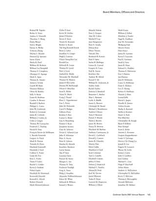 Board Members, Officers and Directors
Roland W. Tegeder
Robin A. Vince
Andrea A. Vittorelli
Theodore T. Wang
Elisha Wiesel
Neil J. Wright
Denise A. Wyllie
Yi Kevin Zhang
Marina L. Roesler
Howard Q. Spooner
Sanaz Zaimi
Sheila H. Patel
William M. Roberts
William Lee Hemphill
Thomas V. Conigliaro
Olusegun O. Aganga
Mark E. Agne
Thomas K. Amster
Anton J. Arriola
Gareth W. Bater
Marjorie Boliscar
Oliver R. Bolitho
Sally A. Boyle
Lester R. Brafman
Cynthia A. Brower
Randall S. Burkert
Philippe L. Camu
John W. Cembrook
Robert J. Ceremsak
James R. Cielinski
William J. Conley, Jr.
Colin J. Corgan
Thomas W. Cornacchia
Frederick C. Darling
David H. Dase
François-Xavier de Mallmann
L. Brooks Entwistle
Gregory A. Finck
Mark B. Florian
Timothy B. Flynn
Elisabeth Fontenelli
Elizabeth J. Ford
Colleen A. Foster
Linda M. Fox
Kieu L. Frisby
Timur F. Galen
Rachel C. Golder
Kevin J. Guidotti
Vishal Gupta
Elizabeth M. Hammack
Kuniyoshi Hayashi
Kenneth L. Hirsch
Robert Howard
Mark Howard-Johnson
Shinichi Yokote
Peter J. Zangari
Alan M. Cohen
Michiel P. Lap
Jane Hargreaves
Peter E. Scialla
Helena Koo
Dhruv Narain
Takushi Abe
Reinhard B. Koester
Peter F. Spies
Stefan R. Bollinger
Linnea K. Conrad
Gregory B. Carey
Paul R. Aaron
Koichiro Abe
Andrew W. Alford
Fareed T. Ali
William D. Anderson, Jr.
Yoshio Ando
Rachel Ascher
Dolores S. Bamford
Benjamin C. Barber
Slim C. Bentami
Leslie A. Biddle
Susan G. Bowers
Christoph M. Brand
Michael J. Brandmeyer
Andrew I. Braun
Anne F. Brennan
Patrick T. Briody
Adam J. Brooks
Jason M. Brown
Nancy D. Browne
Elizabeth M. Burban
Anthony Cammarata, Jr.
David C. Carlebach
Donald J. Casturo
James R. Charnley
Martin Cher
Elena Ciallie
Matthew J. Clark
Scott Coleman
Ann S. Costello
Elizabeth Cottam
Jeffrey F. Daly
Debora J. Daskivich
Michael C. Dawley
Ahmad B. Deek
Karl M. Devine
Jamal Dhanani
Aidan P. Dunn
Laurent M. Dupeyron
William J. Elliott
Zubin P. Irani
Kevin M. Jordan
James P. Kenney
Steven E. Kent
Yasuro K. Koizumi
Robert A. Koort
Tak Sing Kenneth Kwok
Brian J. Lahey
Jonathan A. Langer
Hugh J. Lawson
Cham Chung Ken Lee
Ronald Lee
Deborah R. Leone
Thomas R. Lynch
Peter J. Lyon
Aadarsh K. Malde
Alexander M. Marshall
Thomas H. Mattox
James P. McCarthy
Dermot W. McDonogh
Olivier F. Meyohas
Scott E. Molin
Arjun N. Murti
Craig J. Nossel
Peter C. Oppenheimer
Lisa L. Parisi
John M. Perlowski
Carol V. Pledger
Gilberto Pozzi
Krishna S. Rao
Louisa G. Ritter
Lisa A. Rotenberg
Pamela S. Ryan
Josephine Scesney
Clare R. Scherrer
Vivian C. Schneck-Last
John A. Sebastian
Peter A. Seccia
Peter D. Selman
Heather K. Shemilt
Kunihiko Shiohara
Gavin Simms
Alec P. Stais
Laurence Stein
Patrick M. Street
Morgan C. Sze
Thomas D. Teles
Frederick Towfigh
Greg A. Tusar
Philip J. Venables
Alejandro Vollbrechthausen
Eileen M. White
Deborah B. Wilkens
Samuel J. Wisnia
Mark Evans
William J. Fallon
Matthew J. Fassler
Nigel K. Faulkner
Jose M. Fernandez
Wolfgang Fink
Silverio Foresi
Dino Fusco
James R. Garman
Kevin S. Gasvoda
Paul E. Germain
Sarah J. Gray
Jason R. Haas
Edward G. Hadden
Thomas E. Halverson
Eric I. Hamou
Jan Hatzius
Jens D. Hofmann
Laura A. Holleman
Dane E. Holmes
Leo Z. Huang
Robyn A. Huffman
Alastair J. Hunt
Leonid Ioffe
David L. Jasper
Pernille D. Jensen
Arihiro Kanda
Shafiq A. Karmali
Steffen J. Kastner
Stuart A. Katz
Poir-Mok Kee
Christopher M. Keogh
Bjorn P. Killmer
Peter Kimpel
Scott G. Kolar
Annette L. Krassner
Gregory Kuppenheimer
Linda A. LaGorga
Harvey Chi Chung Lee
Joseph B. Lee
Eugene H. Leouzon
Wayne M. Leslie
Kemp J. Lewis
John S. Lindfors
Iain Lindsay
Michael C. Liou
Hugo P. MacNeill
Arline Mann
Andrew A. McEachern
Christopher D. McFadden
Kevin T. McGuire
Thomas J. McLaughlin
Avinash Mehrotra
Jonathan M. Meltzer
143Goldman Sachs 2007 Annual Report
 