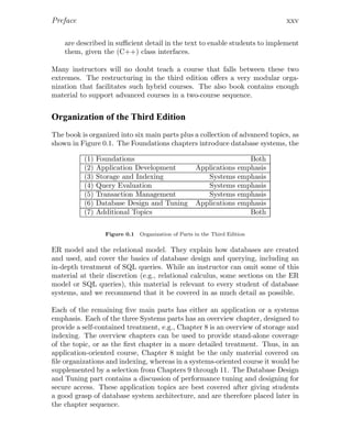 Preface xxv
are described in suﬃcient detail in the text to enable students to implement
them, given the (C++) class interfaces.
Many instructors will no doubt teach a course that falls between these two
extremes. The restructuring in the third edition oﬀers a very modular orga-
nization that facilitates such hybrid courses. The also book contains enough
material to support advanced courses in a two-course sequence.
Organization of the Third Edition
The book is organized into six main parts plus a collection of advanced topics, as
shown in Figure 0.1. The Foundations chapters introduce database systems, the
(1) Foundations Both
(2) Application Development Applications emphasis
(3) Storage and Indexing Systems emphasis
(4) Query Evaluation Systems emphasis
(5) Transaction Management Systems emphasis
(6) Database Design and Tuning Applications emphasis
(7) Additional Topics Both
Figure 0.1 Organization of Parts in the Third Edition
ER model and the relational model. They explain how databases are created
and used, and cover the basics of database design and querying, including an
in-depth treatment of SQL queries. While an instructor can omit some of this
material at their discretion (e.g., relational calculus, some sections on the ER
model or SQL queries), this material is relevant to every student of database
systems, and we recommend that it be covered in as much detail as possible.
Each of the remaining ﬁve main parts has either an application or a systems
emphasis. Each of the three Systems parts has an overview chapter, designed to
provide a self-contained treatment, e.g., Chapter 8 is an overview of storage and
indexing. The overview chapters can be used to provide stand-alone coverage
of the topic, or as the ﬁrst chapter in a more detailed treatment. Thus, in an
application-oriented course, Chapter 8 might be the only material covered on
ﬁle organizations and indexing, whereas in a systems-oriented course it would be
supplemented by a selection from Chapters 9 through 11. The Database Design
and Tuning part contains a discussion of performance tuning and designing for
secure access. These application topics are best covered after giving students
a good grasp of database system architecture, and are therefore placed later in
the chapter sequence.
 