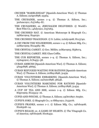 CRUISER “MARBLEHEAD” [Spanish-American War]. © Thomas
A. Edison; 22Apr1898; 25564.
THE CRUSADER, scenes 1–4. © Thomas A. Edison, Inc.;
30June1911; J157084–87.
THE CRUSADERS; or, JERUSALEM DELIVERED. © World’s
Best Film Co.; 4July1911; J157263.
THE CRUSHED HAT. © American Mutoscope & Biograph Co.;
29Mar1904; H44030.
THE CRUSHED TRAGEDIAN. © S. Lubin; 21July1908; H113740.
A CRY FROM THE WILDERNESS, scenes 1–4. © Edison Mfg. Co.;
22Mar1909; H124583–86.
THE CRYSTAL CASKET. © Geo. Méliès; 21Mar1905; H58074.
THE CRYSTAL CASKET. SEE Glass Coffin.
THE CUB REPORTER, scenes 1–4. © Thomas A. Edison, Inc.;
23Aug1912; J176455–58.
CUBAN AMBUSH [Spanish-American War]. © Thomas A. Edison;
5Aug1898; 46695.
CUBAN REFUGEES WAITING FOR RATIONS [Spanish-American
War]. © Thomas A. Edison; 20May1898; 31439.
CUBAN VOLUNTEERS EMBARKING [Spanish-American War].
© Thomas A. Edison; 22June1898; 38246.
CUBAN VOLUNTEERS MARCHING FOR RATIONS [Spanish-
American War]. © Thomas A. Edison; 20May1898; 31434.
A CUP OF TEA AND SHE, scenes 1–4. © Edison Mfg. Co.;
8Apr1909; H125513–16.
CUPID AND PSYCHE. © Thomas A. Edison; 25Oct1897; 60560.
CUPID’S JOKE. © Biograph Co.; 1c 8May1911; J155076.
CUPID’S PRANKS, scenes 1–7. © Edison Mfg. Co.; 19Feb1908;
H106508–14.
CUPID’S REALM; or, A GAME OF HEARTS. © The Vitagraph Co.
of America; 19Feb1908; H106452.
 