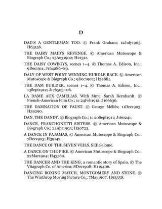 D
DAD’S A GENTLEMAN TOO. © Frank Graham; 12July1905;
H63156.
THE DAIRY MAID’S REVENGE. © American Mutoscope &
Biograph Co.; 25Aug1902; H21311.
THE DAISY COWBOYS, scenes 1–4. © Thomas A. Edison, Inc.;
9Dec1911; J164286–89.
DALY OF WEST POINT WINNING HURDLE RACE. © American
Mutoscope & Biograph Co.; 9Dec1902; H24881.
THE DAM BUILDER, scenes 1–4. © Thomas A. Edison, Inc.;
13Sept1912; J176503–06.
LA DAME AUX CAMELIAS. With Mme. Sarah Bernhardt. ©
French-American Film Co.; 1c 24Feb1912; J166636.
THE DAMNATION OF FAUST. © George Méliès; 11Dec1903;
H39290.
DAN, THE DANDY. © Biograph Co.; 1c 20Sept1911; J160241.
DANCE, FRANCHONETTI SISTERS. © American Mutoscope &
Biograph Co.; 24Apr1903; H30723.
A DANCE IN PAJAMAS. © American Mutoscope & Biograph Co.;
7Dec1903; H39142.
THE DANCE OF THE SEVEN VEILS. SEE Salome.
A DANCE ON THE PIKE. © American Mutoscope & Biograph Co.;
22Mar1904; H43560.
THE DANCER AND THE KING; a romantic story of Spain. © The
Vitagraph Co. of America; 8Dec1908; H119406.
DANCING BOXING MATCH, MONTGOMERY AND STONE. ©
The Winthrop Moving Picture Co.; 7May1907; H93358.
 