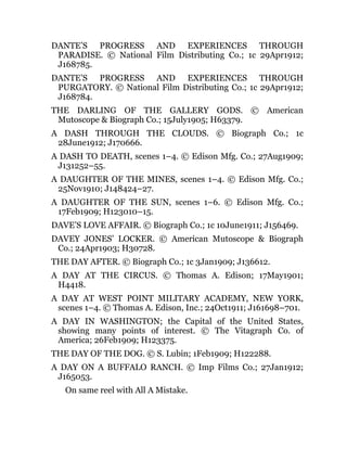 DANTE’S PROGRESS AND EXPERIENCES THROUGH
PARADISE. © National Film Distributing Co.; 1c 29Apr1912;
J168785.
DANTE’S PROGRESS AND EXPERIENCES THROUGH
PURGATORY. © National Film Distributing Co.; 1c 29Apr1912;
J168784.
THE DARLING OF THE GALLERY GODS. © American
Mutoscope & Biograph Co.; 15July1905; H63379.
A DASH THROUGH THE CLOUDS. © Biograph Co.; 1c
28June1912; J170666.
A DASH TO DEATH, scenes 1–4. © Edison Mfg. Co.; 27Aug1909;
J131252–55.
A DAUGHTER OF THE MINES, scenes 1–4. © Edison Mfg. Co.;
25Nov1910; J148424–27.
A DAUGHTER OF THE SUN, scenes 1–6. © Edison Mfg. Co.;
17Feb1909; H123010–15.
DAVE’S LOVE AFFAIR. © Biograph Co.; 1c 10June1911; J156469.
DAVEY JONES’ LOCKER. © American Mutoscope & Biograph
Co.; 24Apr1903; H30728.
THE DAY AFTER. © Biograph Co.; 1c 3Jan1909; J136612.
A DAY AT THE CIRCUS. © Thomas A. Edison; 17May1901;
H4418.
A DAY AT WEST POINT MILITARY ACADEMY, NEW YORK,
scenes 1–4. © Thomas A. Edison, Inc.; 24Oct1911; J161698–701.
A DAY IN WASHINGTON; the Capital of the United States,
showing many points of interest. © The Vitagraph Co. of
America; 26Feb1909; H123375.
THE DAY OF THE DOG. © S. Lubin; 1Feb1909; H122288.
A DAY ON A BUFFALO RANCH. © Imp Films Co.; 27Jan1912;
J165053.
On same reel with All A Mistake.
 