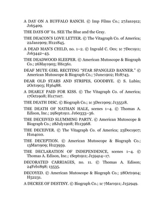 A DAY ON A BUFFALO RANCH. © Imp Films Co.; 27Jan1912;
J165409.
THE DAYS OF ’61. SEE The Blue and the Gray.
THE DEACON’S LOVE LETTER. © The Vitagraph Co. of America;
22Jan1909; H121845.
A DEAD MAN’S CHILD, no. 1–2. © Ingvald C. Oes; 1c 7Dec1911;
J163442–43.
THE DEADWOOD SLEEPER. © American Mutoscope & Biograph
Co.; 26May1905; H61361.
DEAF MUTE GIRL RECITING “STAR SPANGLED BANNER.” ©
American Mutoscope & Biograph Co.; 7June1902; H18743.
DEAR OLD STARS AND STRIPES, GOODBYE. © S. Lubin;
2Oct1903; H36488.
A DEARLY PAID FOR KISS. © The Vitagraph Co. of America;
17Oct1908; H117107.
THE DEATH DISC. © Biograph Co.; 1c 3Dec1909; J135518.
THE DEATH OF NATHAN HALE, scenes 1–4. © Thomas A.
Edison, Inc.; 29Sept1911. J160333–36.
THE DECEIVED SLUMMING PARTY. © American Mutoscope &
Biograph Co.; 28July1908; H113968.
THE DECEIVER. © The Vitagraph Co. of America; 23Dec1907;
H104010.
THE DECEPTION. © American Mutoscope & Biograph Co.;
13Mar1909; H123959.
THE DECLARATION OF INDEPENDENCE, scenes 1–4. ©
Thomas A. Edison, Inc.; 1Sept1911; J159414–17.
DECORATED CARRIAGES, no. 11. © Thomas A. Edison;
24Feb1898; 13535.
DECOYED. © American Mutoscope & Biograph Co.; 28Oct1904;
H52231.
A DECREE OF DESTINY. © Biograph Co.; 1c 7Mar1911; J152949.
 