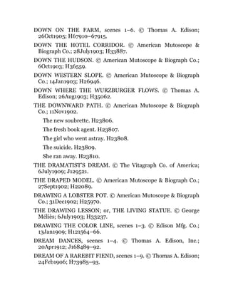DOWN ON THE FARM, scenes 1–6. © Thomas A. Edison;
26Oct1905; H67910–67915.
DOWN THE HOTEL CORRIDOR. © American Mutoscope &
Biograph Co.; 28July1903; H33887.
DOWN THE HUDSON. © American Mutoscope & Biograph Co.;
6Oct1903; H36559.
DOWN WESTERN SLOPE. © American Mutoscope & Biograph
Co.; 14Jan1903; H26946.
DOWN WHERE THE WURZBURGER FLOWS. © Thomas A.
Edison; 26Aug1903; H35062.
THE DOWNWARD PATH. © American Mutoscope & Biograph
Co.; 11Nov1902.
The new soubrette. H23806.
The fresh book agent. H23807.
The girl who went astray. H23808.
The suicide. H23809.
She ran away. H23810.
THE DRAMATIST’S DREAM. © The Vitagraph Co. of America;
6July1909; J129521.
THE DRAPED MODEL. © American Mutoscope & Biograph Co.;
27Sept1902; H22089.
DRAWING A LOBSTER POT. © American Mutoscope & Biograph
Co.; 31Dec1902; H25970.
THE DRAWING LESSON; or, THE LIVING STATUE. © George
Méliès; 6July1903; H33237.
DRAWING THE COLOR LINE, scenes 1–3. © Edison Mfg. Co.;
13Jan1909; H121564–66.
DREAM DANCES, scenes 1–4. © Thomas A. Edison, Inc.;
20Apr1912; J168489–92.
DREAM OF A RAREBIT FIEND, scenes 1–9. © Thomas A. Edison;
24Feb1906; H73985–93.
 