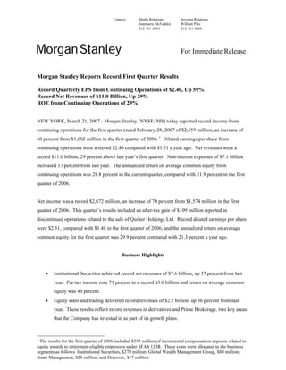 Contact: Media Relations Investor Relations
Jeanmarie McFadden William Pike
212-761-0553 212-761-0008
For Immediate Release
Morgan Stanley Reports Record First Quarter Results
Record Quarterly EPS from Continuing Operations of $2.40, Up 59%
Record Net Revenues of $11.0 Billion, Up 29%
ROE from Continuing Operations of 29%
NEW YORK, March 21, 2007 - Morgan Stanley (NYSE: MS) today reported record income from
continuing operations for the first quarter ended February 28, 2007 of $2,559 million, an increase of
60 percent from $1,602 million in the first quarter of 2006. 1
Diluted earnings per share from
continuing operations were a record $2.40 compared with $1.51 a year ago. Net revenues were a
record $11.0 billion, 29 percent above last year’s first quarter. Non-interest expenses of $7.1 billion
increased 17 percent from last year. The annualized return on average common equity from
continuing operations was 28.8 percent in the current quarter, compared with 21.9 percent in the first
quarter of 2006.
Net income was a record $2,672 million, an increase of 70 percent from $1,574 million in the first
quarter of 2006. This quarter’s results included an after-tax gain of $109 million reported in
discontinued operations related to the sale of Quilter Holdings Ltd. Record diluted earnings per share
were $2.51, compared with $1.48 in the first quarter of 2006, and the annualized return on average
common equity for the first quarter was 29.9 percent compared with 21.3 percent a year ago.
Business Highlights
• Institutional Securities achieved record net revenues of $7.6 billion, up 37 percent from last
year. Pre-tax income rose 71 percent to a record $3.0 billion and return on average common
equity was 40 percent.
• Equity sales and trading delivered record revenues of $2.2 billion, up 36 percent from last
year. These results reflect record revenues in derivatives and Prime Brokerage, two key areas
that the Company has invested in as part of its growth plans.
1
The results for the first quarter of 2006 included $395 million of incremental compensation expense related to
equity awards to retirement-eligible employees under SFAS 123R. These costs were allocated to the business
segments as follows: Institutional Securities, $270 million; Global Wealth Management Group, $80 million;
Asset Management, $28 million; and Discover, $17 million.
 