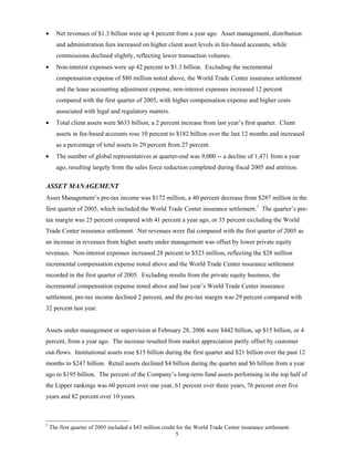 5
• Net revenues of $1.3 billion were up 4 percent from a year ago. Asset management, distribution
and administration fees increased on higher client asset levels in fee-based accounts, while
commissions declined slightly, reflecting lower transaction volumes.
• Non-interest expenses were up 42 percent to $1.3 billion. Excluding the incremental
compensation expense of $80 million noted above, the World Trade Center insurance settlement
and the lease accounting adjustment expense, non-interest expenses increased 12 percent
compared with the first quarter of 2005, with higher compensation expense and higher costs
associated with legal and regulatory matters.
• Total client assets were $633 billion, a 2 percent increase from last year’s first quarter. Client
assets in fee-based accounts rose 10 percent to $182 billion over the last 12 months and increased
as a percentage of total assets to 29 percent from 27 percent.
• The number of global representatives at quarter-end was 9,000 -- a decline of 1,471 from a year
ago, resulting largely from the sales force reduction completed during fiscal 2005 and attrition.
ASSET MANAGEMENT
Asset Management’s pre-tax income was $172 million, a 40 percent decrease from $287 million in the
first quarter of 2005, which included the World Trade Center insurance settlement.7
The quarter’s pre-
tax margin was 25 percent compared with 41 percent a year ago, or 35 percent excluding the World
Trade Center insurance settlement. Net revenues were flat compared with the first quarter of 2005 as
an increase in revenues from higher assets under management was offset by lower private equity
revenues. Non-interest expenses increased 28 percent to $523 million, reflecting the $28 million
incremental compensation expense noted above and the World Trade Center insurance settlement
recorded in the first quarter of 2005. Excluding results from the private equity business, the
incremental compensation expense noted above and last year’s World Trade Center insurance
settlement, pre-tax income declined 2 percent, and the pre-tax margin was 29 percent compared with
32 percent last year.
Assets under management or supervision at February 28, 2006 were $442 billion, up $15 billion, or 4
percent, from a year ago. The increase resulted from market appreciation partly offset by customer
out-flows. Institutional assets rose $15 billion during the first quarter and $21 billion over the past 12
months to $247 billion. Retail assets declined $4 billion during the quarter and $6 billion from a year
ago to $195 billion. The percent of the Company’s long-term fund assets performing in the top half of
the Lipper rankings was 60 percent over one year, 61 percent over three years, 76 percent over five
years and 82 percent over 10 years.
7
The first quarter of 2005 included a $43 million credit for the World Trade Center insurance settlement.
 