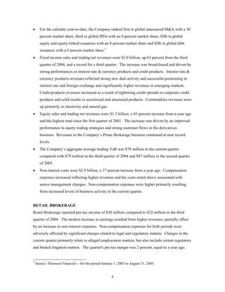 4
• For the calendar year-to-date, the Company ranked first in global announced M&A with a 30
percent market share, third in global IPOs with an 8 percent market share, fifth in global
equity and equity-linked issuances with an 8 percent market share and fifth in global debt
issuances with a 6 percent market share.5
• Fixed income sales and trading net revenues were $2.0 billion, up 63 percent from the third
quarter of 2004, and a record for a third quarter. The increase was broad-based and driven by
strong performances in interest rate & currency products and credit products. Interest rate &
currency products revenues reflected strong new deal activity and successful positioning in
interest rate and foreign exchange and significantly higher revenues in emerging markets.
Credit products revenues increased as a result of tightening credit spreads in corporate credit
products and solid results in securitized and structured products. Commodities revenues were
up primarily in electricity and natural gas.
• Equity sales and trading net revenues were $1.3 billion, a 45 percent increase from a year ago
and the highest total since the first quarter of 2001. The increase was driven by an improved
performance in equity trading strategies and strong customer flows in the derivatives
business. Revenues in the Company’s Prime Brokerage business continued at near record
levels.
• The Company’s aggregate average trading VaR was $78 million in the current quarter
compared with $79 million in the third quarter of 2004 and $87 million in the second quarter
of 2005.
• Non-interest costs were $2.9 billion, a 37 percent increase from a year ago. Compensation
expenses increased reflecting higher revenues and the costs noted above associated with
senior management changes. Non-compensation expenses were higher primarily resulting
from increased levels of business activity in the current quarter.
RETAIL BROKERAGE
Retail Brokerage reported pre-tax income of $30 million compared to $22 million in the third
quarter of 2004. The modest increase in earnings resulted from higher revenues, partially offset
by an increase in non-interest expenses. Non-compensation expenses for both periods were
adversely affected by significant charges related to legal and regulatory matters. Charges in the
current quarter primarily relate to alleged employment matters, but also include certain regulatory
and branch litigation matters. The quarter's pre-tax margin was 2 percent, equal to a year ago.
5
Source: Thomson Financial -- for the period January 1, 2005 to August 31, 2005.
 