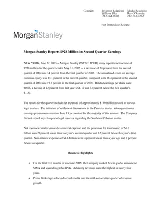 Contact: Investor Relations Media Relations
William Pike Ray O’Rourke
212-761-0008 212-761-4262
For Immediate Release
Morgan Stanley Reports $928 Million in Second Quarter Earnings
NEW YORK, June 22, 2005 -- Morgan Stanley (NYSE: MWD) today reported net income of
$928 million for the quarter ended May 31, 2005 -- a decrease of 24 percent from the second
quarter of 2004 and 34 percent from the first quarter of 2005. The annualized return on average
common equity was 13.1 percent in the current quarter, compared with 18.4 percent in the second
quarter of 2004 and 19.7 percent in the first quarter of 2005. Diluted earnings per share were
$0.86, a decline of 22 percent from last year’s $1.10 and 33 percent below the first quarter’s
$1.29.
The results for the quarter include net expenses of approximately $140 million related to various
legal matters. The initiation of settlement discussions in the Parmalat matter, subsequent to our
earnings pre-announcement on June 13, accounted for the majority of this amount. The Company
did not record any changes to legal reserves regarding the Sunbeam/Coleman matter.
Net revenues (total revenues less interest expense and the provision for loan losses) of $6.0
billion were 9 percent lower than last year’s second quarter and 12 percent below this year’s first
quarter. Non-interest expenses of $4.6 billion were 4 percent lower than a year ago and 2 percent
below last quarter.
Business Highlights
• For the first five months of calendar 2005, the Company ranked first in global announced
M&A and second in global IPOs. Advisory revenues were the highest in nearly four
years.
• Prime Brokerage achieved record results and its ninth consecutive quarter of revenue
growth.
 