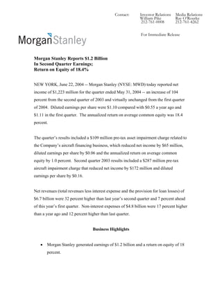 Contact:       Investor Relations   Media Relations
                                                              William Pike         Ray O’Rourke
                                                               212-761-0008        212-761-4262

                                                              For Immediate Release




Morgan Stanley Reports $1.2 Billion
In Second Quarter Earnings;
Return on Equity of 18.4%


NEW YORK, June 22, 2004 -- Morgan Stanley (NYSE: MWD) today reported net
income of $1,223 million for the quarter ended May 31, 2004 -- an increase of 104
percent from the second quarter of 2003 and virtually unchanged from the first quarter
of 2004. Diluted earnings per share were $1.10 compared with $0.55 a year ago and
$1.11 in the first quarter. The annualized return on average common equity was 18.4
percent.


The quarter’s results included a $109 million pre-tax asset impairment charge related to
the Company’s aircraft financing business, which reduced net income by $65 million,
diluted earnings per share by $0.06 and the annualized return on average common
equity by 1.0 percent. Second quarter 2003 results included a $287 million pre-tax
aircraft impairment charge that reduced net income by $172 million and diluted
earnings per share by $0.16.


Net revenues (total revenues less interest expense and the provision for loan losses) of
$6.7 billion were 32 percent higher than last year’s second quarter and 7 percent ahead
of this year’s first quarter. Non-interest expenses of $4.8 billion were 17 percent higher
than a year ago and 12 percent higher than last quarter.


                                  Business Highlights


   •   Morgan Stanley generated earnings of $1.2 billion and a return on equity of 18
       percent.
 