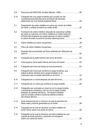 xi
2.9 Estructura del 2MO SiO2 fundido (Muñoz, 1993)………………………...28
2.10 Fotografía de una carga fundente que cumple con las
consideraciones básicas de la formación de escorias,
obteniendo así una mezcla bastante fluida……………………………….30
4.1 Preparación de cobre metálico en polvo por medio de sulfato
de cobre y varillas de hierro en medio ácido……………………………...45
4.2 Formación de cobre metálico después de reaccionar sulfato
de cobre en solución con hierro metálico en medio ácido.En
el fondo del recipiente se puede apreciar el cobre metálico
en polvo formado durante el proceso electroquímico……………..……..46
4.3 Cobre metálico en polvo recuperado…………………………….………...46
4.4 Polvo de cobre metálico recuperado………………………………………47
4.5 Espectro del concentrado de Pacto obtenido por difracción de
rayos X ………………………………………………………………………..50
4.6 Fotografía de la parte externa del horno de fusión ………………………52
4.7 Vista superior de la parte interna del horno de fusión……………..…….53
4.8 Fotografía del horno de fusión en funcionamiento ………………………53
4.9 Fotografía del crisol que contiene la carga fundente, que
indica la altura máxima de la carga fundente en el
crisol para que no exista derrames en el horno….……………………….54
4.10 Fotografía de un crisol después de salir del horno…………………….…55
4.11 Fotografía de un crisol que contiene la carga fundida …………………..56
4.12 Fotografía que contrasta un crisol a) con la carga fundida
a temperatura ambiente y otro b) con la carga fundida
después de sacarla del horno. Se observa también
que los crisoles sufrieron fracturas debido al efecto
del choque térmico………...………………………………………………...57
4.13 Corte transversal de un crisol en el cual se aprecian las
fases mata y escoria generadas en la fusión …………………………….58
4.14 Fotografía en la cual se disuelve una fase metálica en
ácido nítrico sobre una cama de arena………………...………………….59
4.15 Fotografía en la cual se disuelve una fase metálica en una
mezcla de ácido sulfurico y peróxido de hidrógeno
sobre una cama de arena…..……………………………………………....59
 