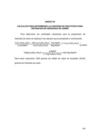 134
ANEXO VII
CALCULOS PARA DETERMINAR LA CANTIDAD DE REACTIVOS PARA
OBTENCION DE HIDROXIDO DE COBRE
Para determinar las cantidades necesarias para la preparación de
hidróxido de cobre se realizaron los cálculos que se presentan a continuación.
Para hacer reaccionar 1000 gramos de sulfato de cobre se necesitan 320.62
gramos de hidróxido de sodio.
 