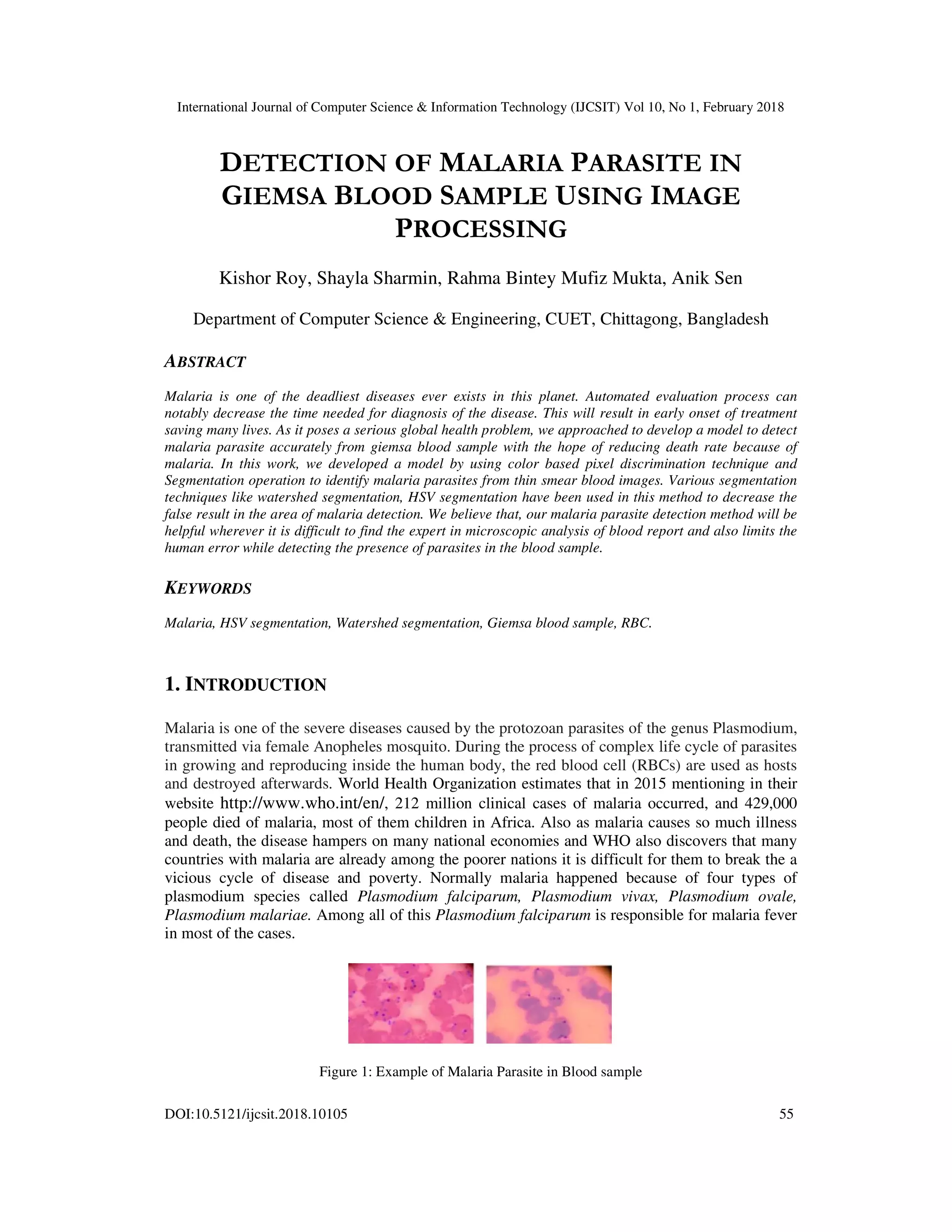 DETECTION OF MALARIA PARASITE IN GIEMSA BLOOD SAMPLE USING IMAGE ...