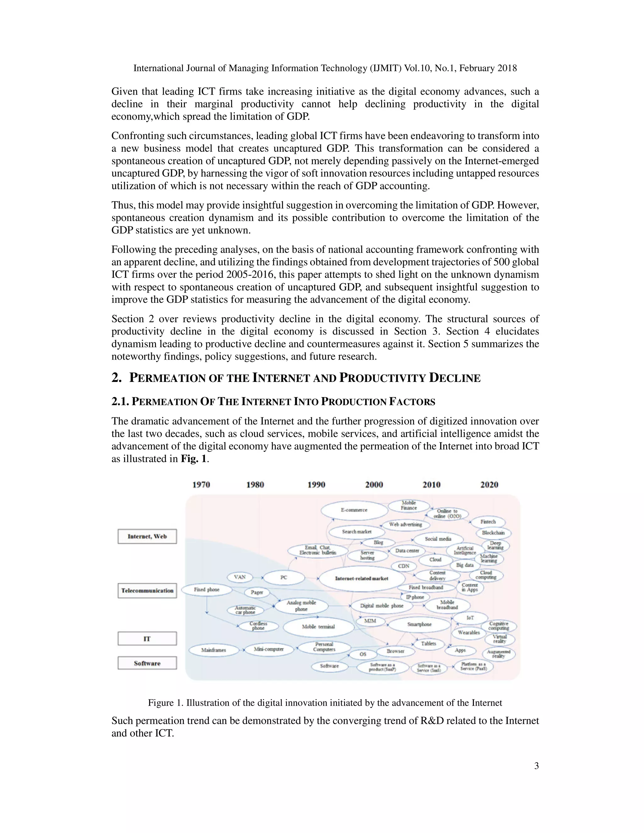 International Journal of Managing Information Technology (IJMIT) Vol.10, No.1, February 2018
3
Given that leading ICT firms take increasing initiative as the digital economy advances, such a
decline in their marginal productivity cannot help declining productivity in the digital
economy,which spread the limitation of GDP.
Confronting such circumstances, leading global ICT firms have been endeavoring to transform into
a new business model that creates uncaptured GDP. This transformation can be considered a
spontaneous creation of uncaptured GDP, not merely depending passively on the Internet-emerged
uncaptured GDP, by harnessing the vigor of soft innovation resources including untapped resources
utilization of which is not necessary within the reach of GDP accounting.
Thus, this model may provide insightful suggestion in overcoming the limitation of GDP. However,
spontaneous creation dynamism and its possible contribution to overcome the limitation of the
GDP statistics are yet unknown.
Following the preceding analyses, on the basis of national accounting framework confronting with
an apparent decline, and utilizing the findings obtained from development trajectories of 500 global
ICT firms over the period 2005-2016, this paper attempts to shed light on the unknown dynamism
with respect to spontaneous creation of uncaptured GDP, and subsequent insightful suggestion to
improve the GDP statistics for measuring the advancement of the digital economy.
Section 2 over reviews productivity decline in the digital economy. The structural sources of
productivity decline in the digital economy is discussed in Section 3. Section 4 elucidates
dynamism leading to productive decline and countermeasures against it. Section 5 summarizes the
noteworthy findings, policy suggestions, and future research.
2. PERMEATION OF THE INTERNET AND PRODUCTIVITY DECLINE
2.1. PERMEATION OF THE INTERNET INTO PRODUCTION FACTORS
The dramatic advancement of the Internet and the further progression of digitized innovation over
the last two decades, such as cloud services, mobile services, and artificial intelligence amidst the
advancement of the digital economy have augmented the permeation of the Internet into broad ICT
as illustrated in Fig. 1.
Figure 1. Illustration of the digital innovation initiated by the advancement of the Internet
Such permeation trend can be demonstrated by the converging trend of R&D related to the Internet
and other ICT.
 